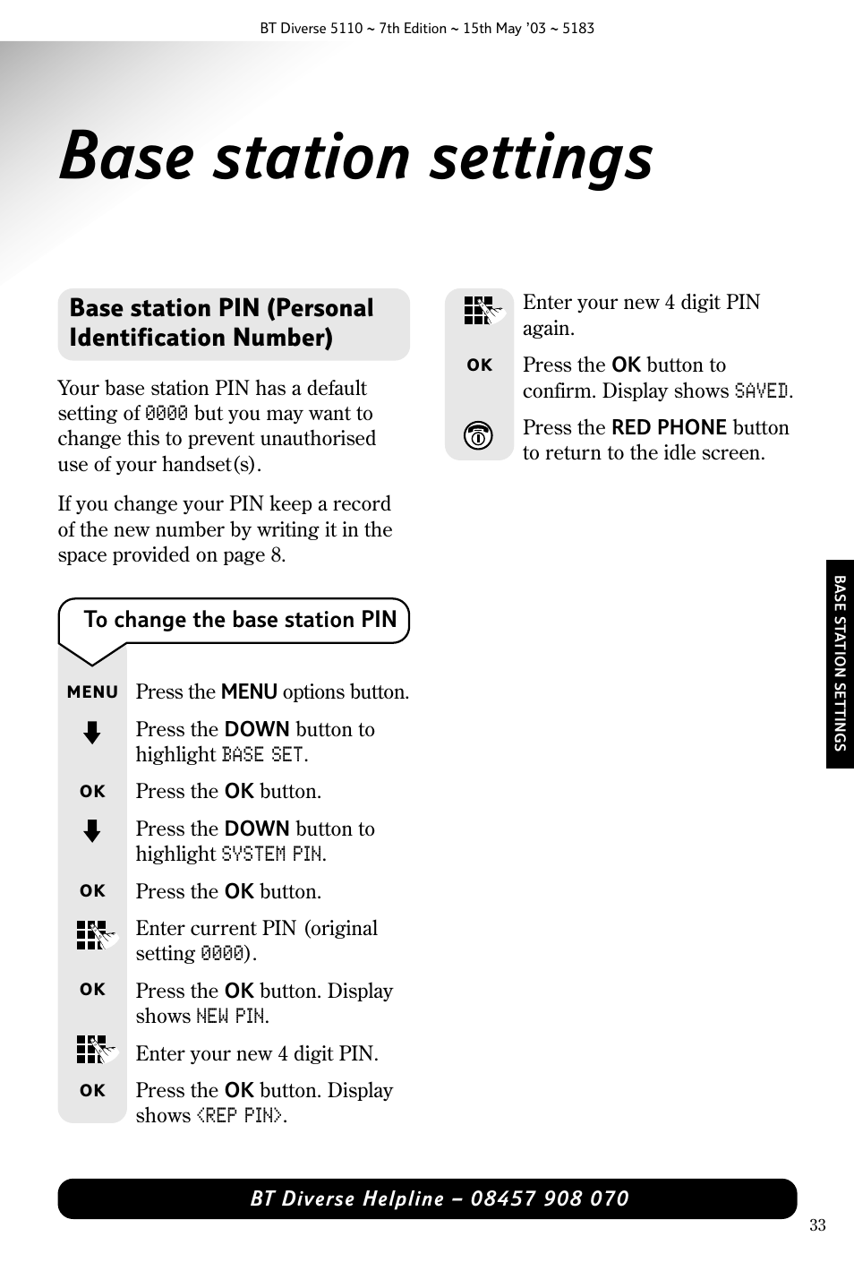 Base station settings, Base station pin (personal identification number) | BT 5110 User Manual | Page 35 / 47