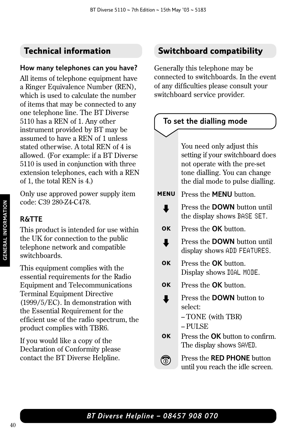 Technical information, Switchboard compatibility | BT 5110 User Manual | Page 42 / 47