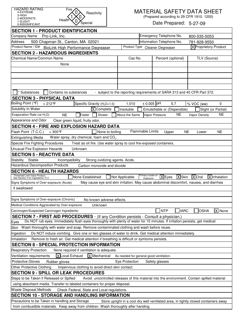 Pro-Link BioLink High Performance Degreaser (RTU & #58) D12591 EN User Manual | 1 page