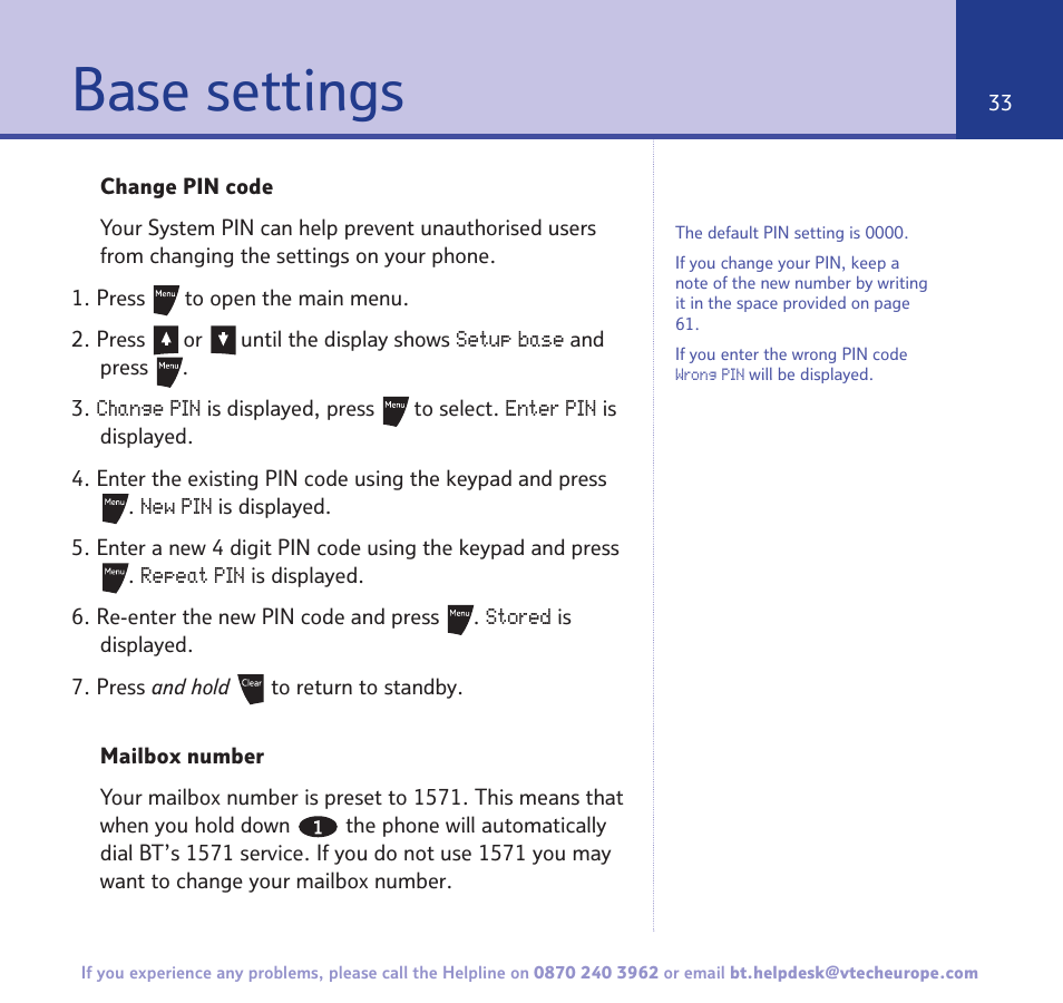 Base settings | BT Freestyle 3500 User Manual | Page 33 / 64