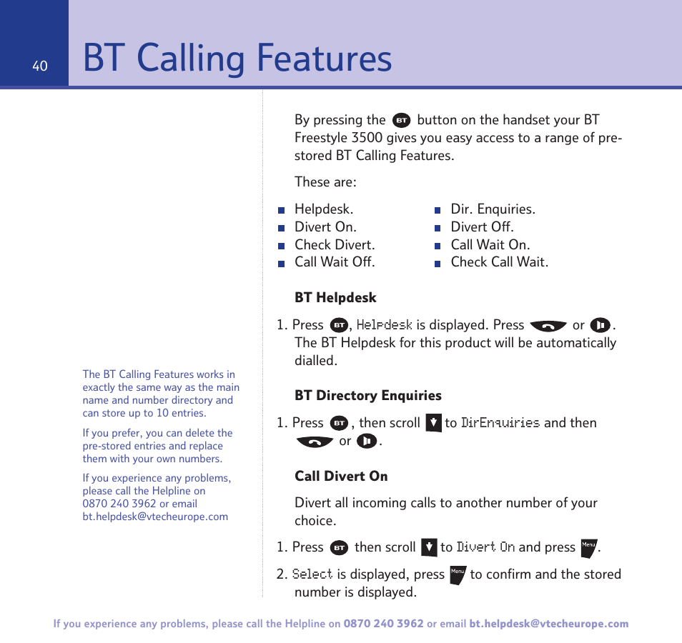 Bt calling features | BT Freestyle 3500 User Manual | Page 40 / 64