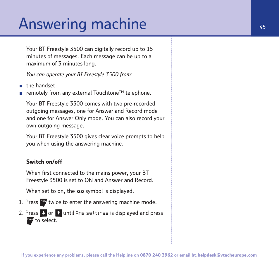 Answering machine | BT Freestyle 3500 User Manual | Page 45 / 64