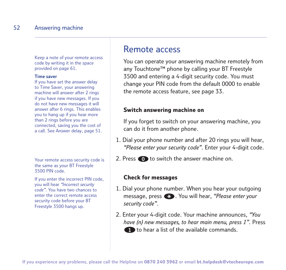 Remote access | BT Freestyle 3500 User Manual | Page 52 / 64