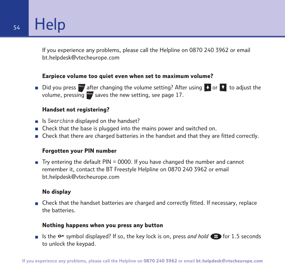 Help | BT Freestyle 3500 User Manual | Page 54 / 64