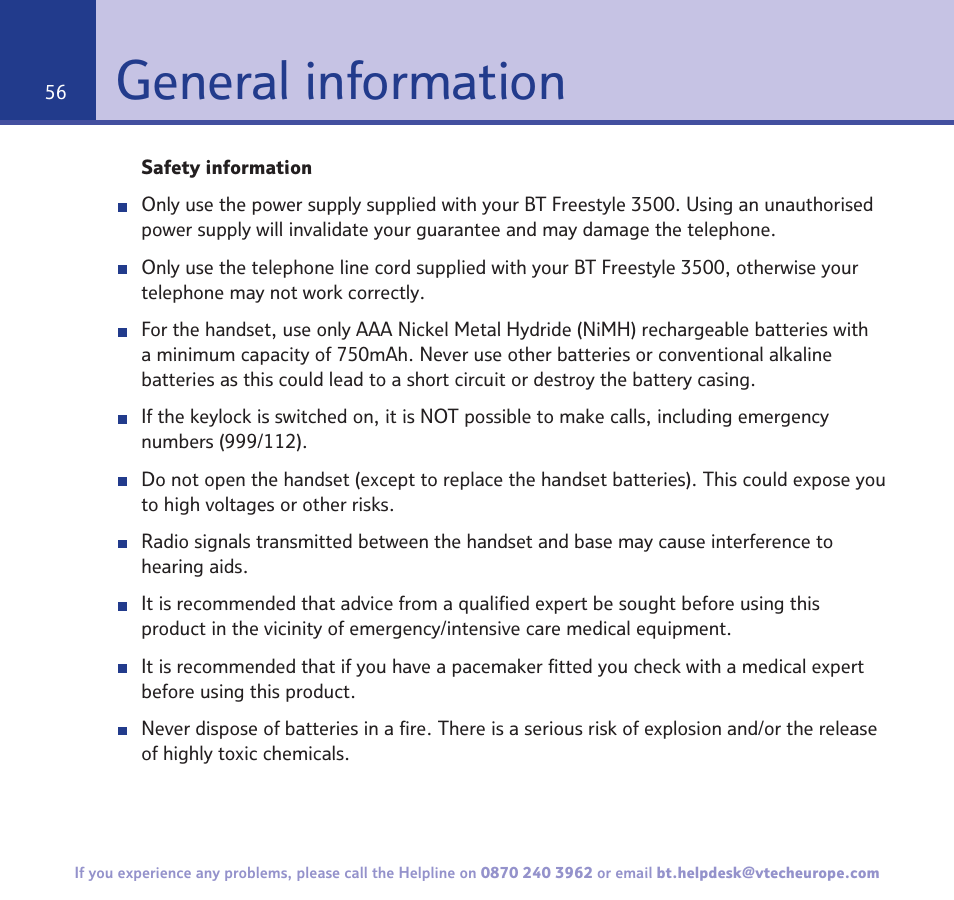 General information | BT Freestyle 3500 User Manual | Page 56 / 64