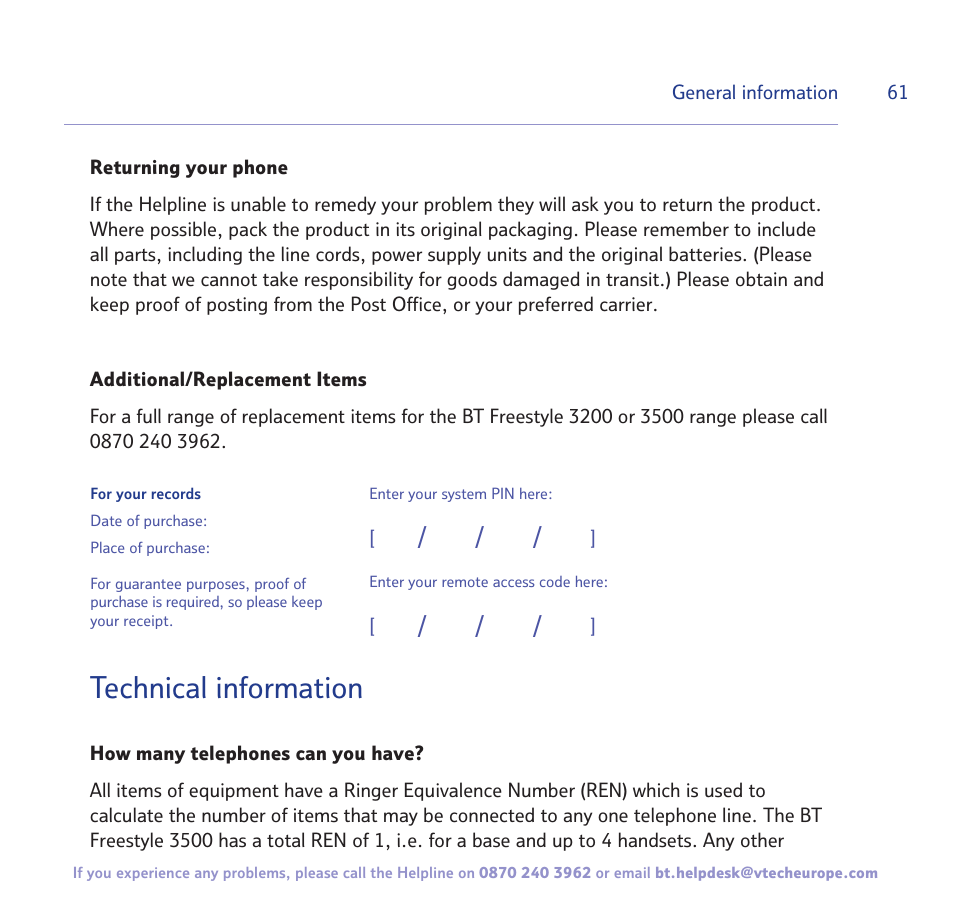 Technical information | BT Freestyle 3500 User Manual | Page 61 / 64