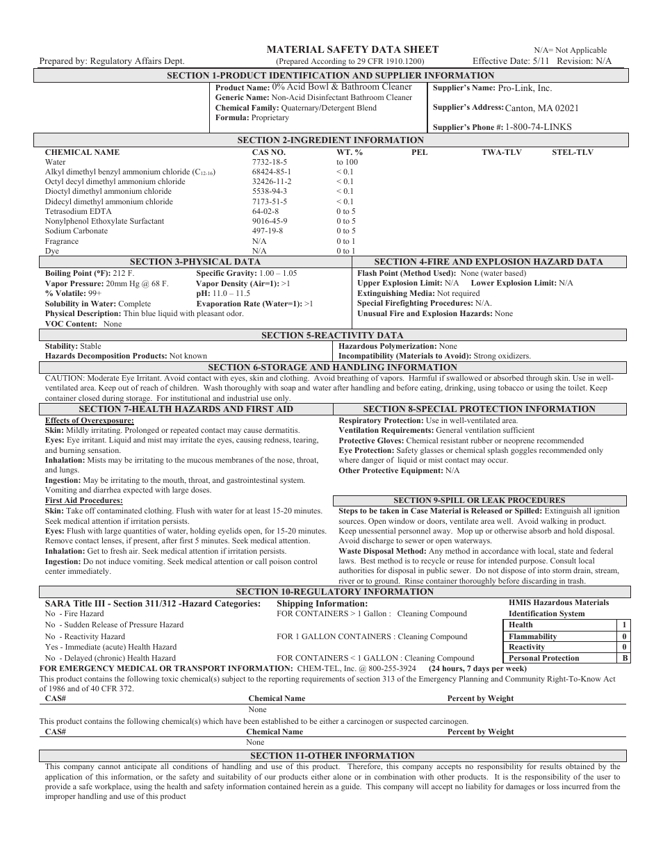 Pro-Link 0% Acid Bowl & Bathroom Cleaner B14152 User Manual | 1 page