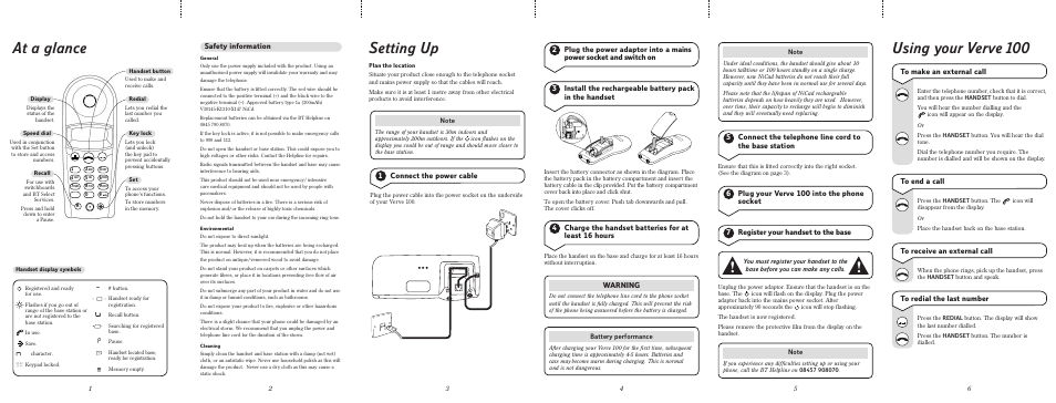 At a glance, Setting up, Using your verve 100 | Safety information, 1connect the power cable, Warning | BT Verve 100 User Manual | Page 2 / 2