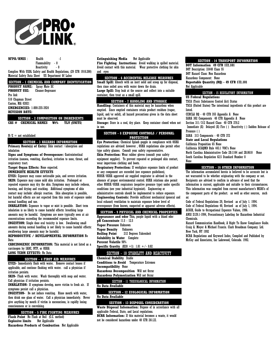 Pro-Link #2 Spray Mate SC, Heavy Duty Non-Butyl Cleaner 07087 User Manual | 2 pages