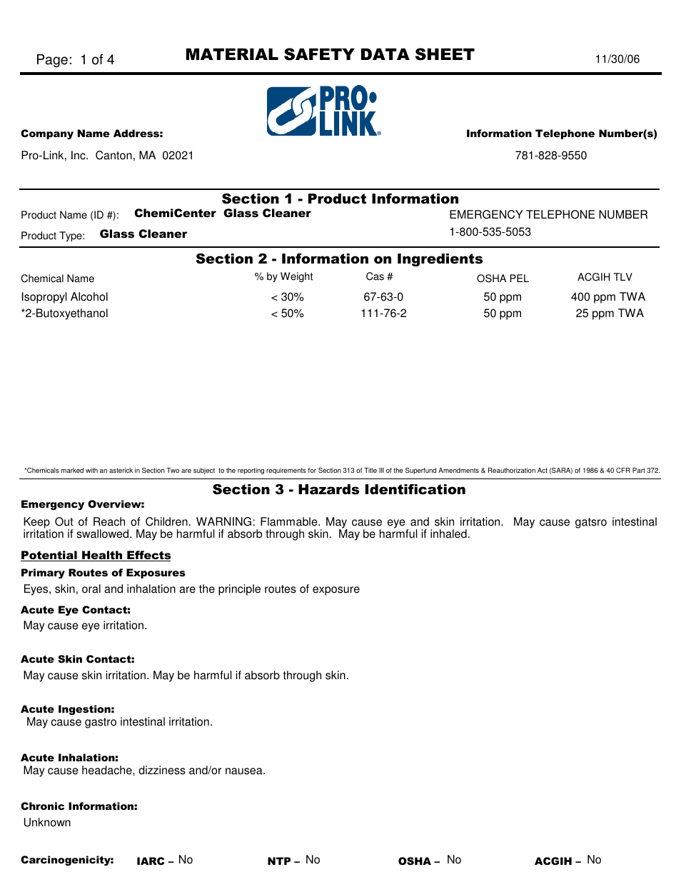 Pro-Link #30 ChemiCenter Glass Cleaner D10875 User Manual | 4 pages