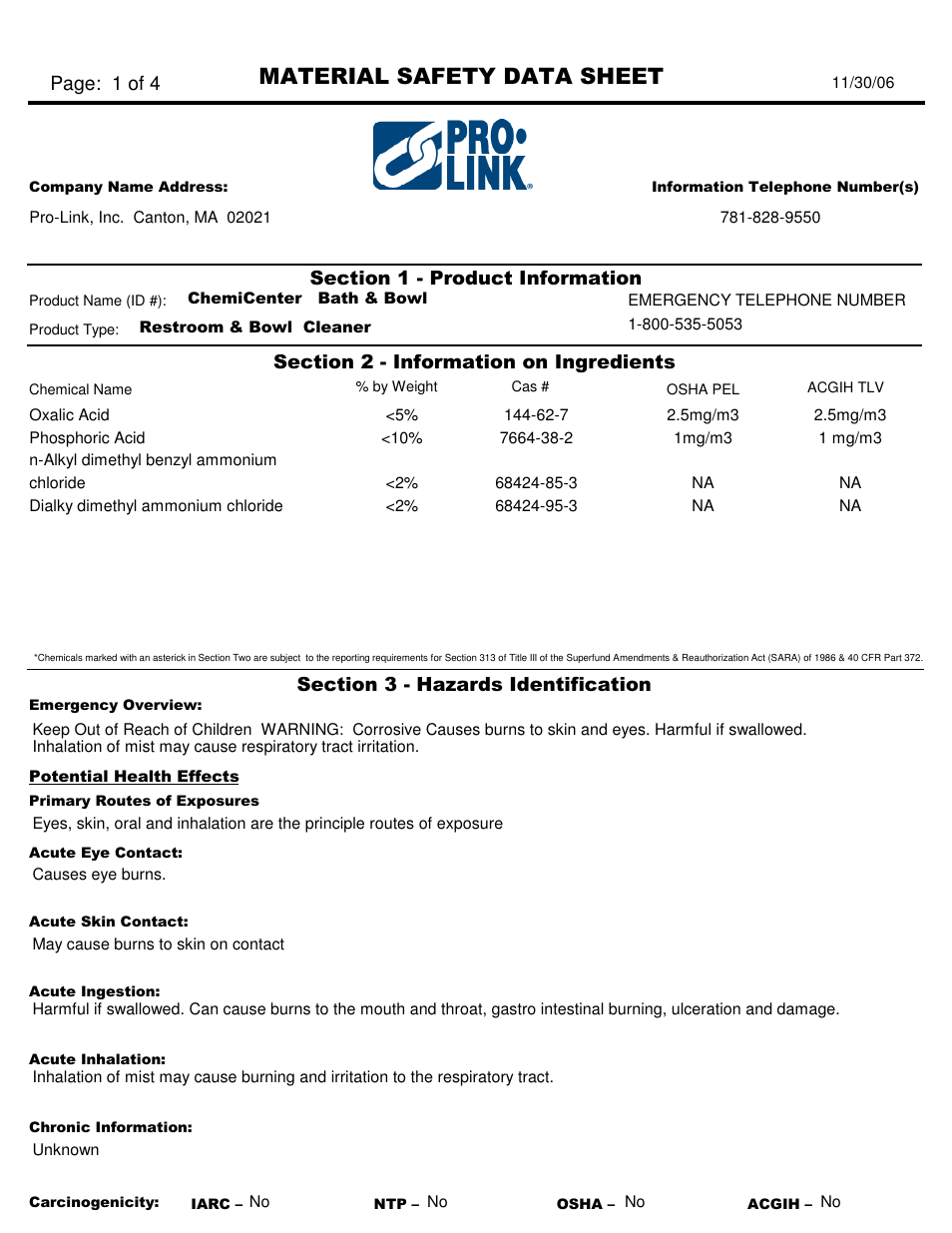 Pro-Link #33 ChemiCenter Bath and Bowl D10881 User Manual | 5 pages