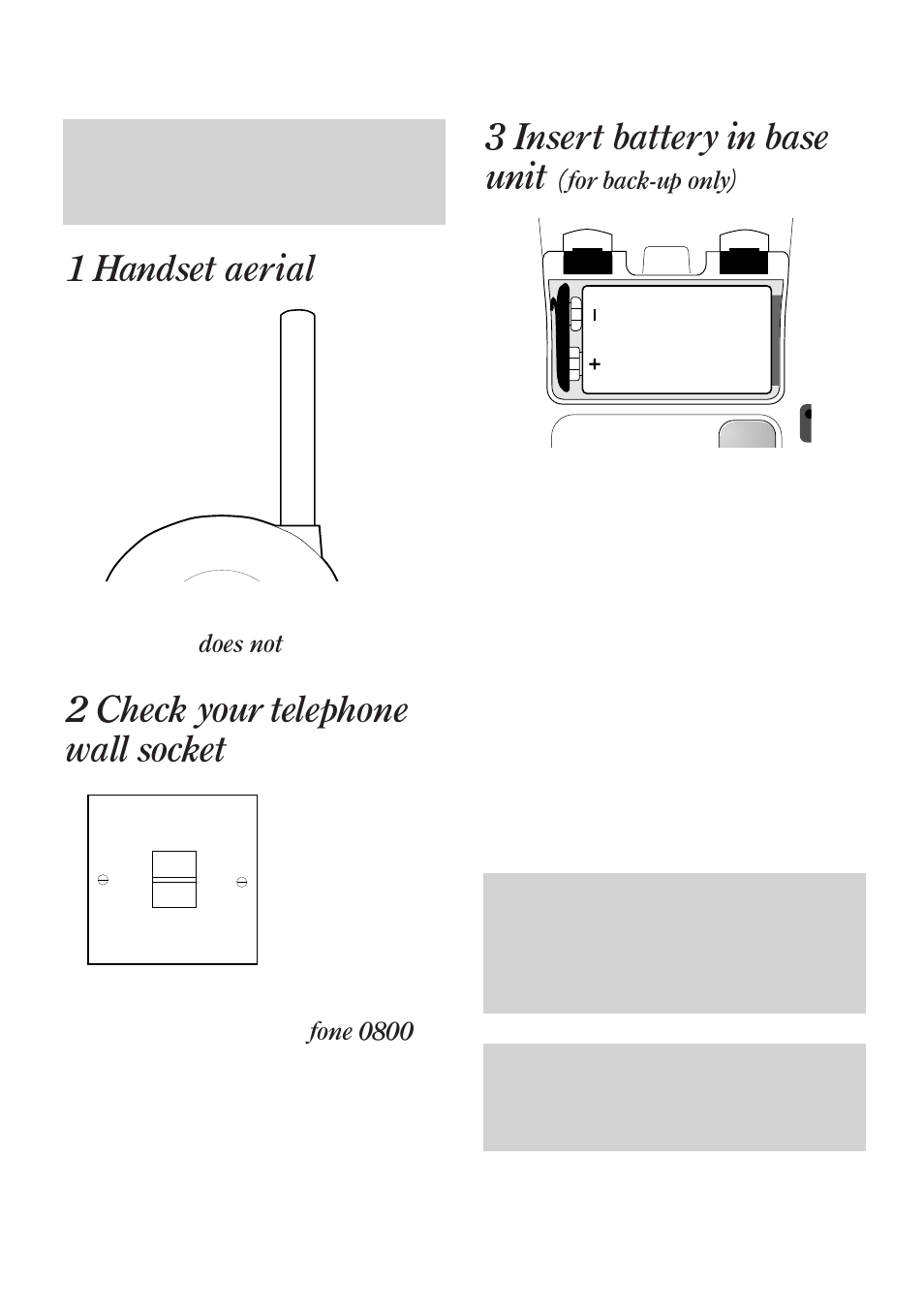 3 insert battery in base unit, 1 handset aerial, 2 check your telephone wall socket | BT 90 User Manual | Page 8 / 38