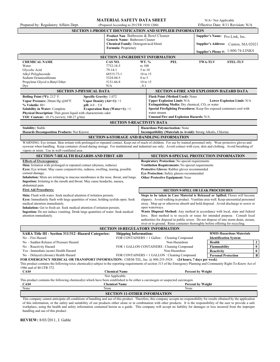 Pro-Link #6 Bathroom and Bowl Cleaner B14203 User Manual | 1 page