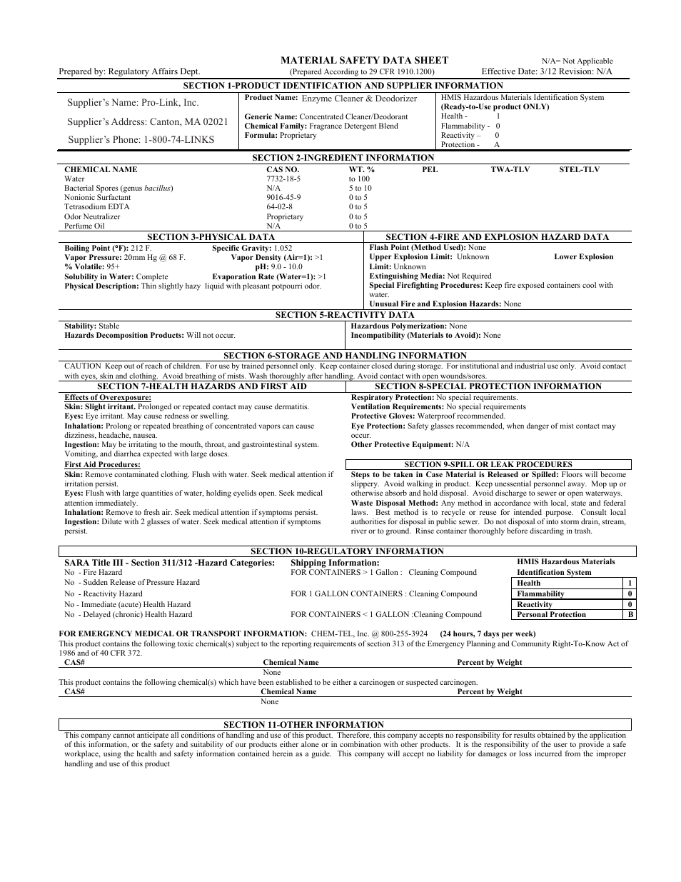 Pro-Link Enzyme Cleaner & Deodorizer B14204 User Manual | 1 page