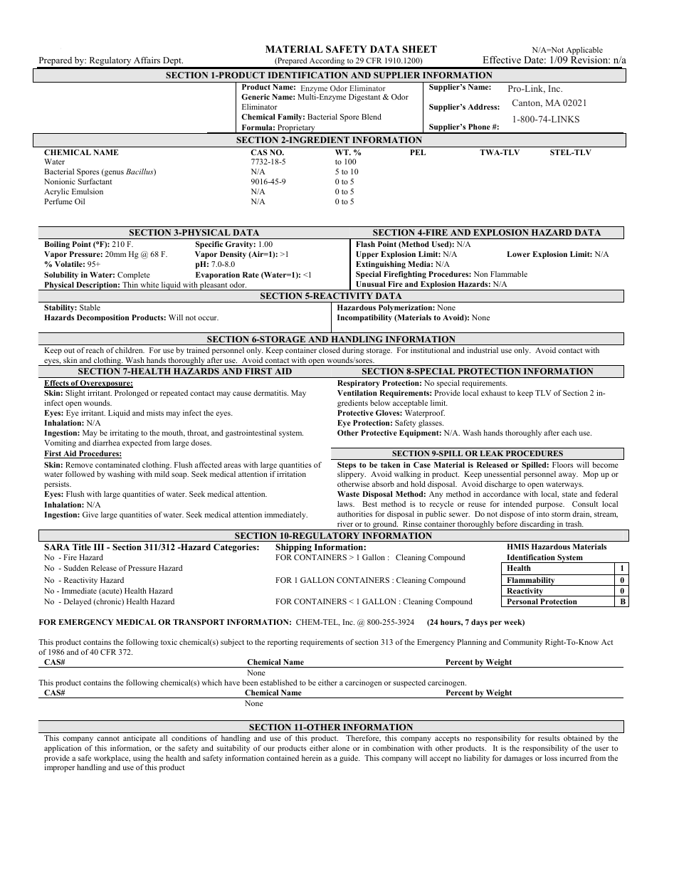 Pro-Link Enzyme Odor Eliminator B14156 User Manual | 1 page