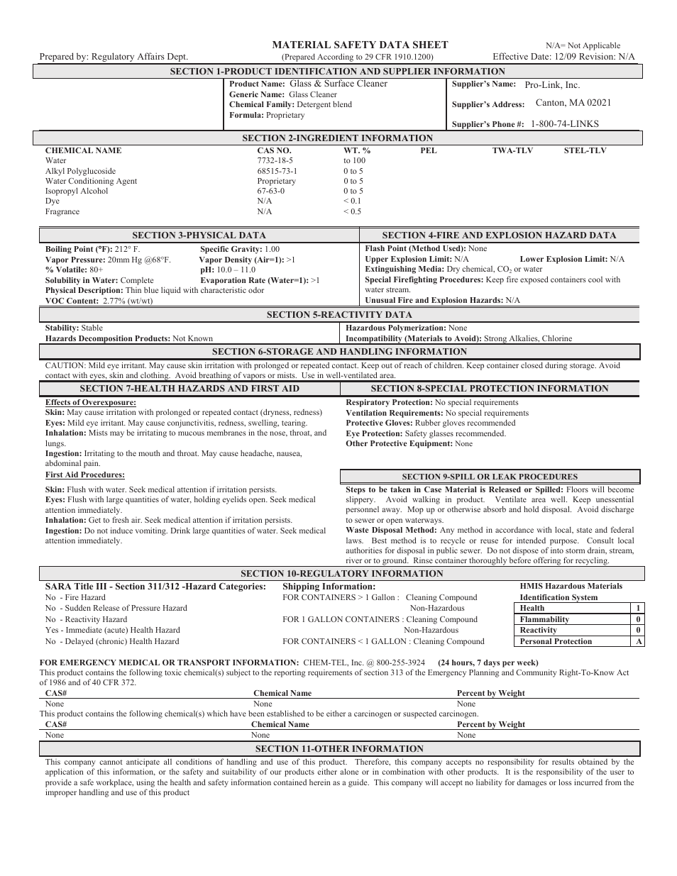 Pro-Link Glass & Surface Cleaner B14592 User Manual | 1 page