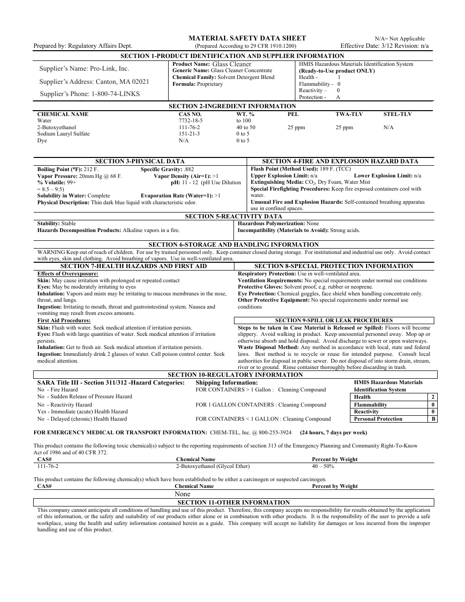 Pro-Link #1 Glass Cleaner B14198 User Manual | 1 page