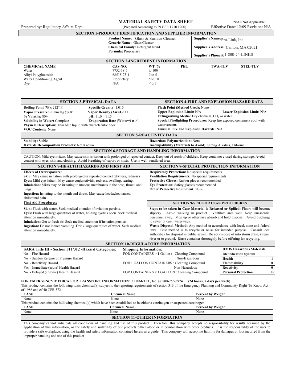 Pro-Link #2 Glass Surface Cleaner B14199 User Manual | 1 page