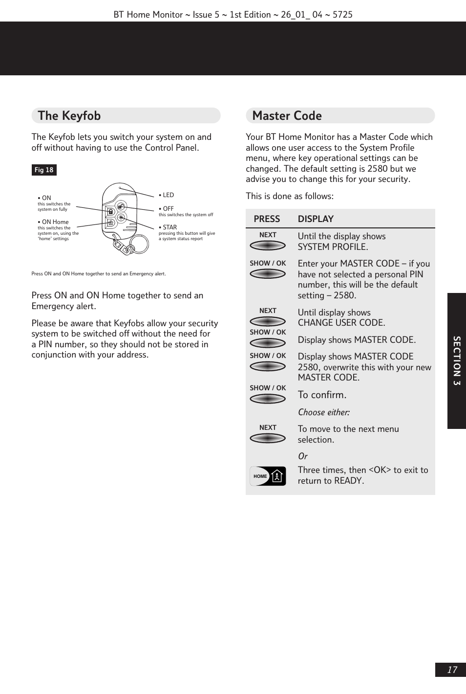 The keyfob, Master code | BT VP1000 User Manual | Page 18 / 76