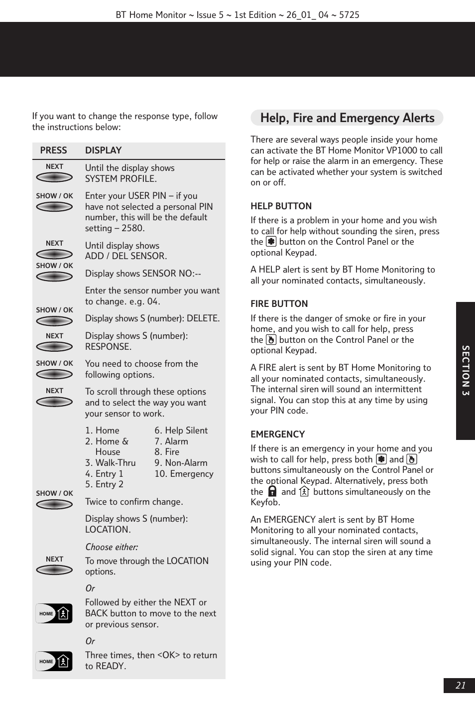 Help, fire and emergency alerts | BT VP1000 User Manual | Page 22 / 76