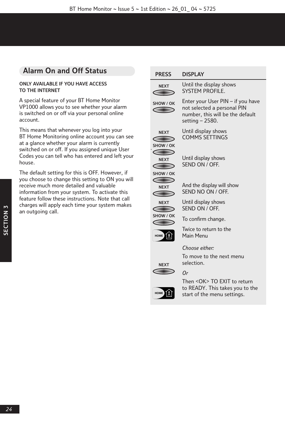 Alarm on and off status | BT VP1000 User Manual | Page 25 / 76