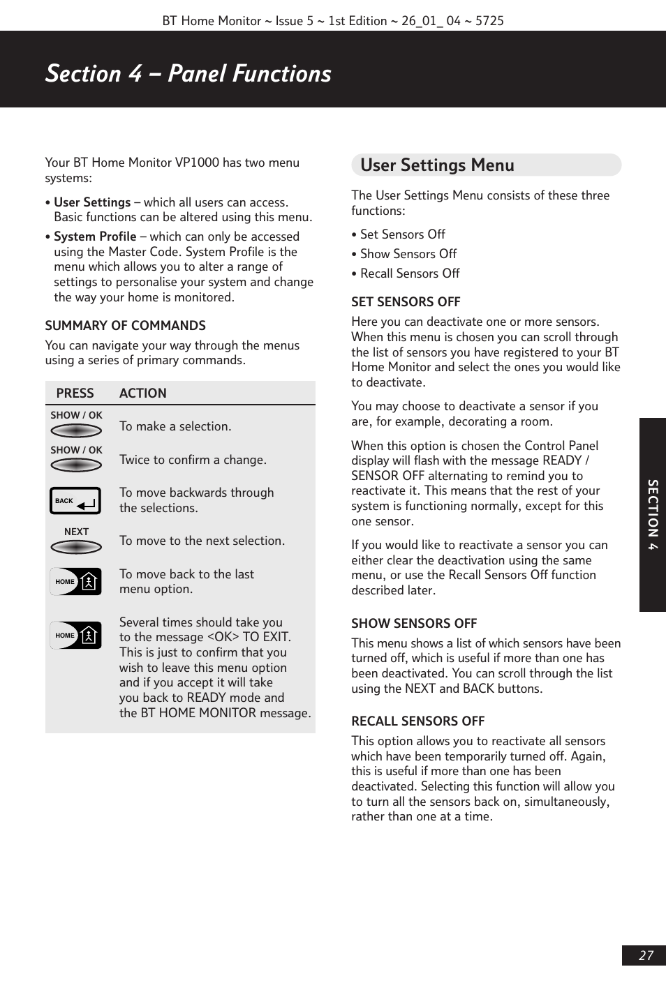 User settings menu | BT VP1000 User Manual | Page 28 / 76