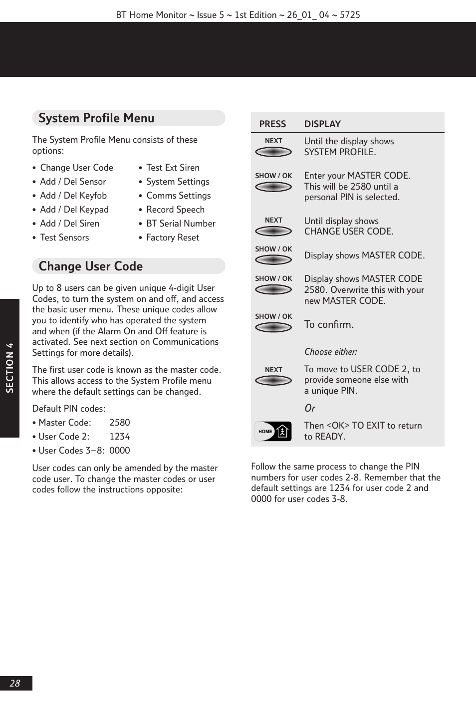 System profile menu, Change user code | BT VP1000 User Manual | Page 29 / 76