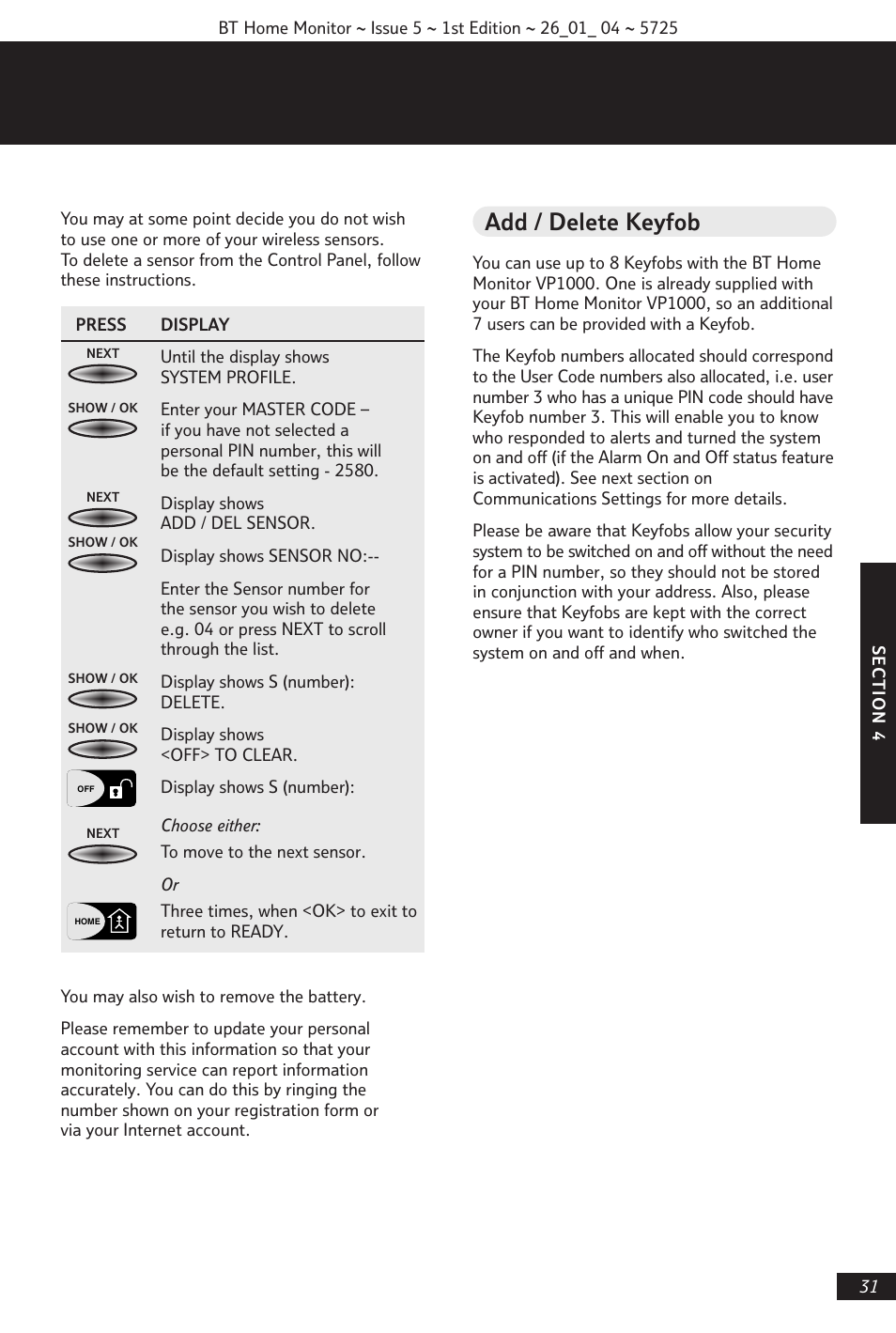 Add / delete keyfob | BT VP1000 User Manual | Page 32 / 76