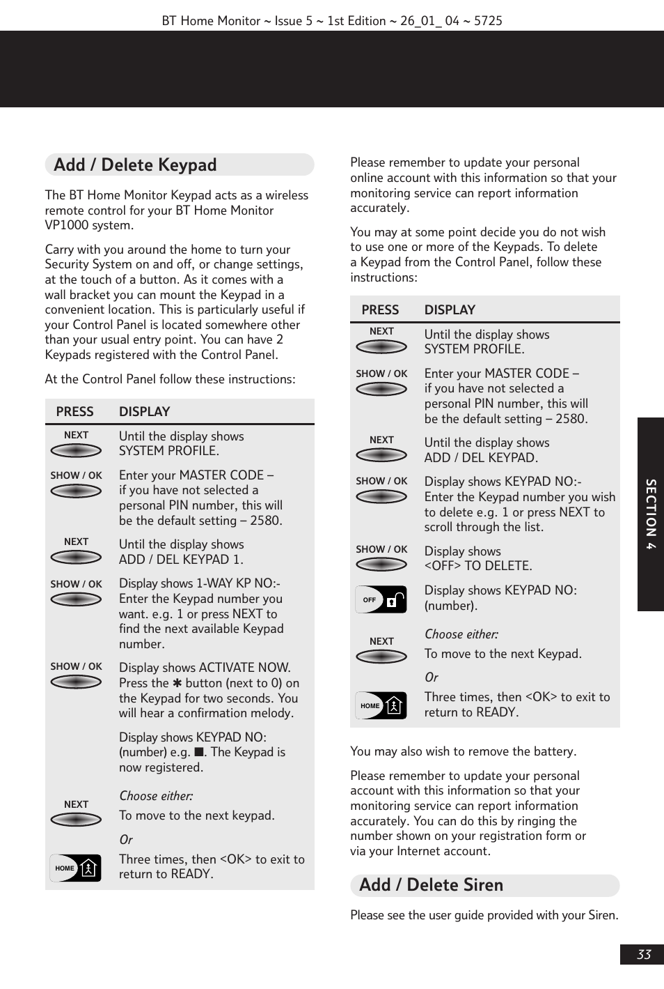Add / delete keypad, Add / delete siren | BT VP1000 User Manual | Page 34 / 76