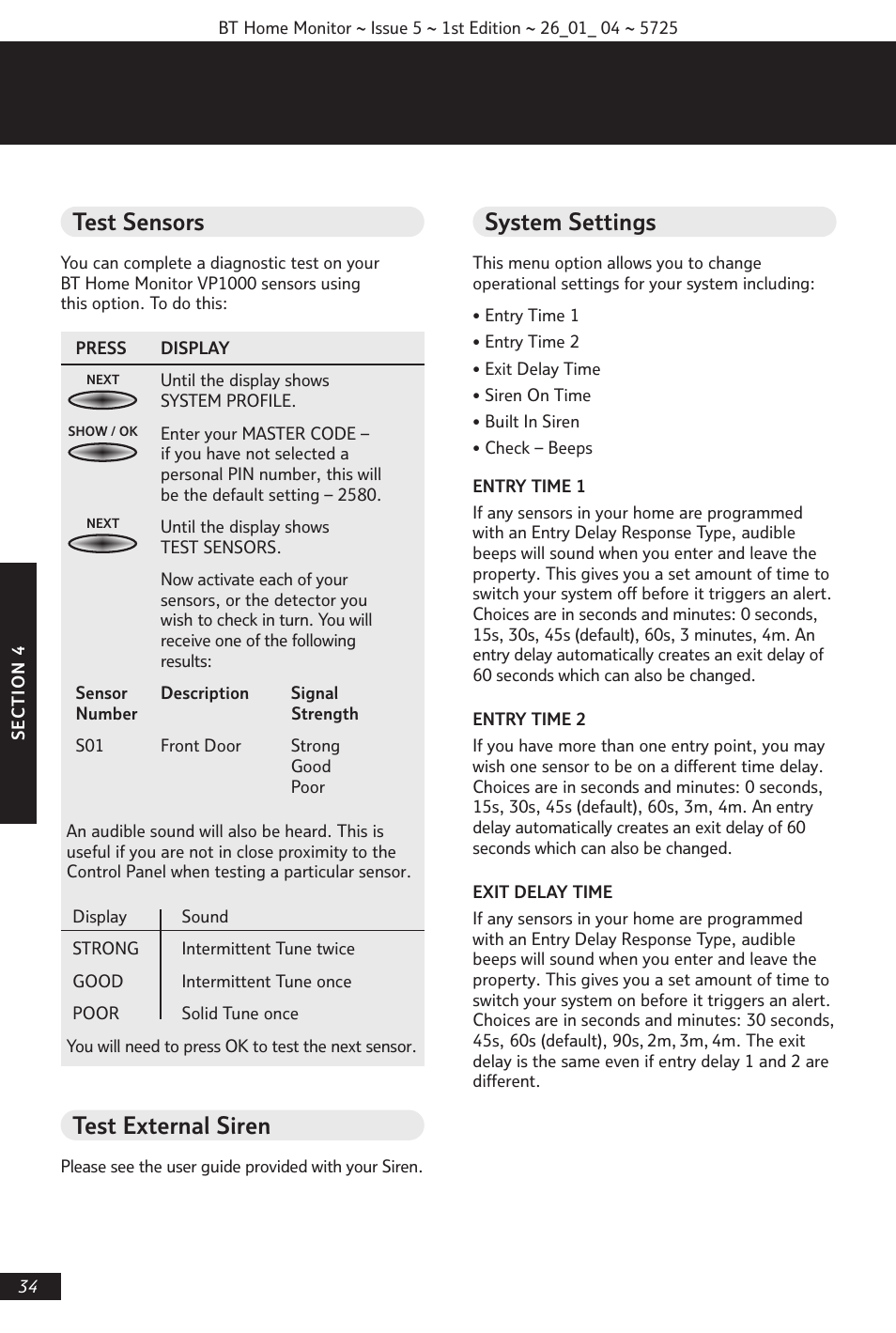 Test sensors, Test external siren, System settings | BT VP1000 User Manual | Page 35 / 76