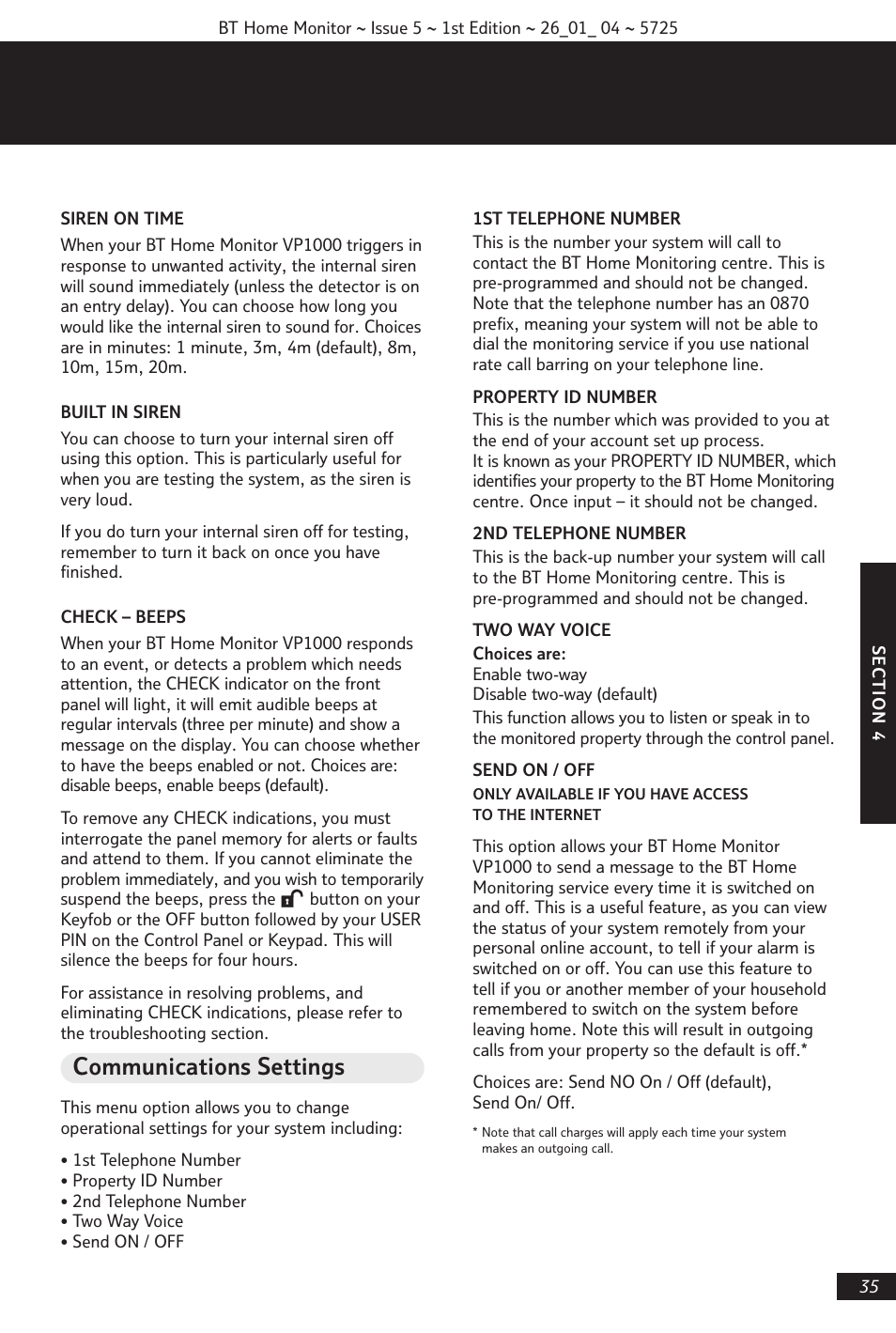Communications settings | BT VP1000 User Manual | Page 36 / 76