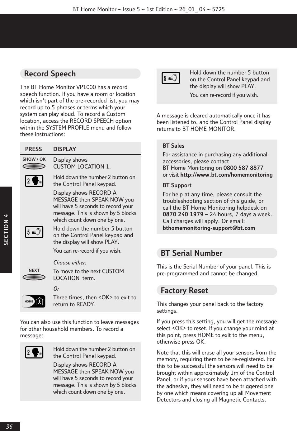 Record speech, Bt serial number, Factory reset | BT VP1000 User Manual | Page 37 / 76
