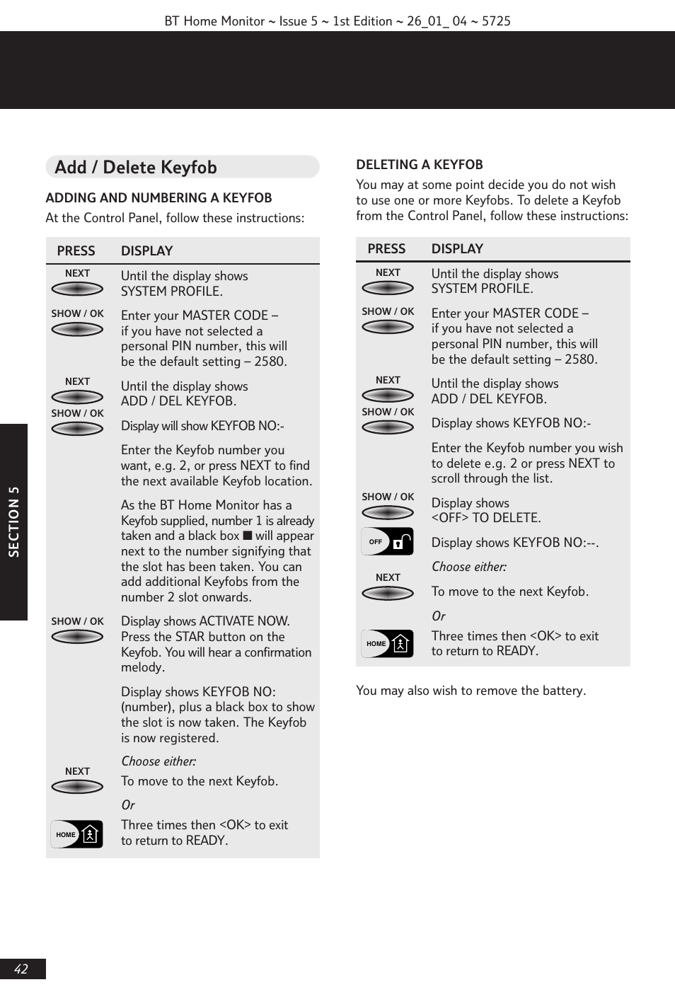 Add / delete keyfob | BT VP1000 User Manual | Page 43 / 76