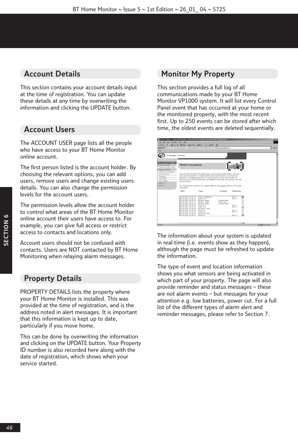 Account details, Account users, Property details | Monitor my property | BT VP1000 User Manual | Page 47 / 76