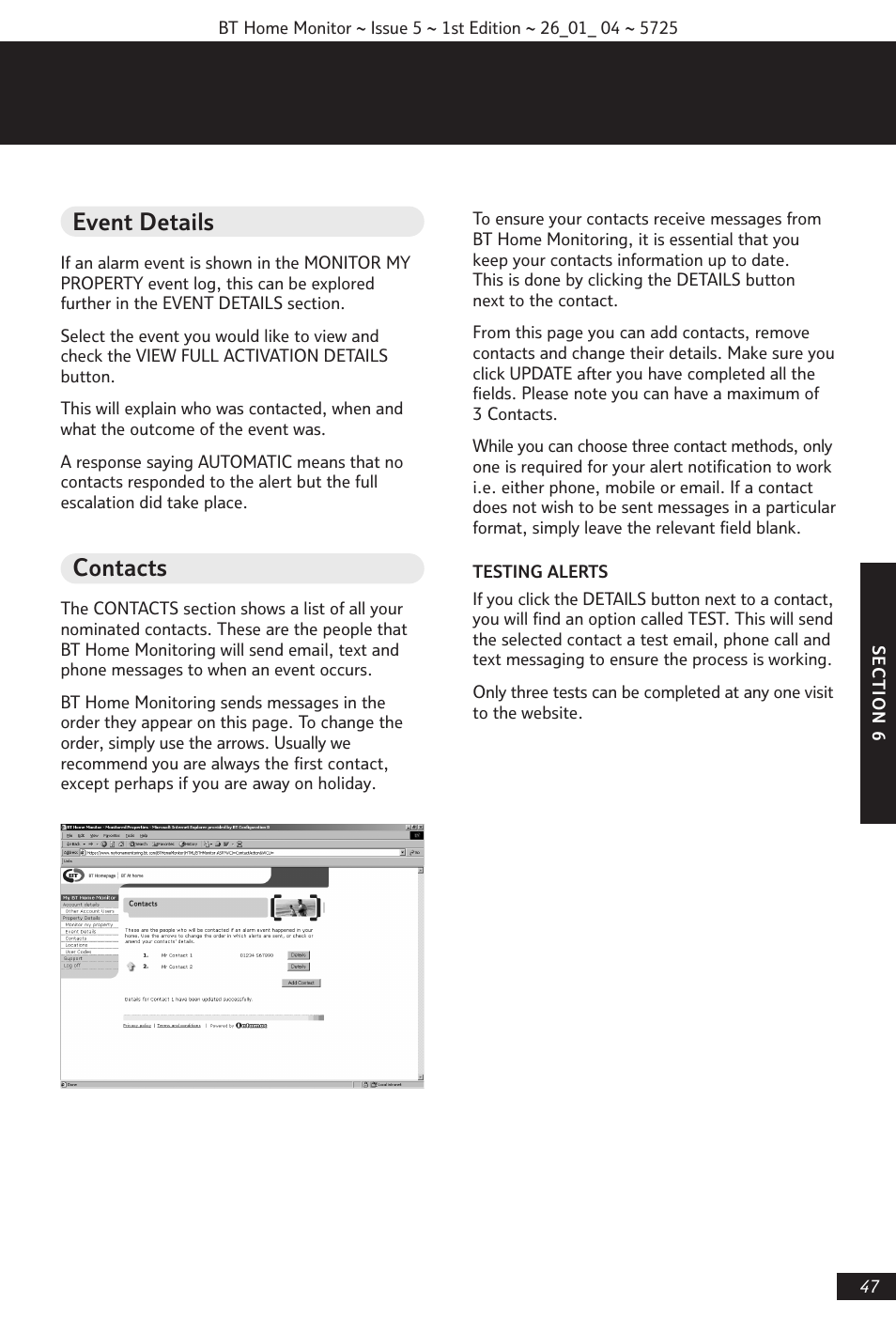 Event details, Contacts | BT VP1000 User Manual | Page 48 / 76