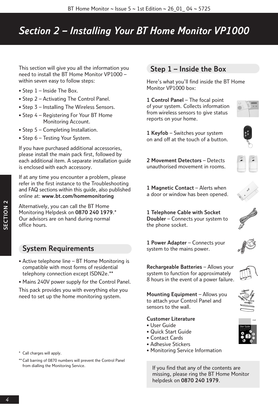 System requirements, Step 1 – inside the box | BT VP1000 User Manual | Page 5 / 76