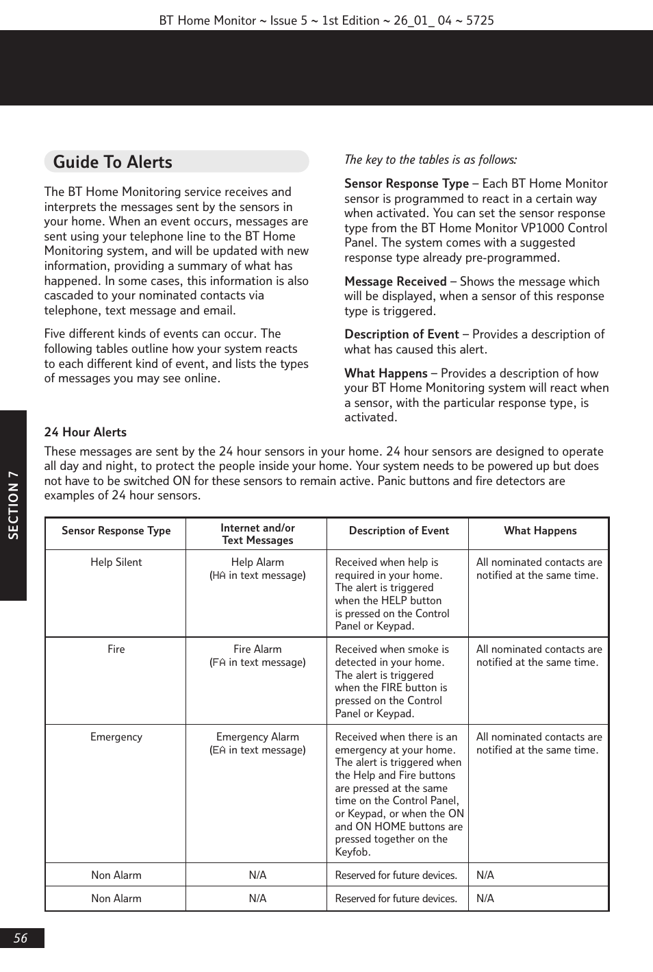 Guide to alerts | BT VP1000 User Manual | Page 57 / 76