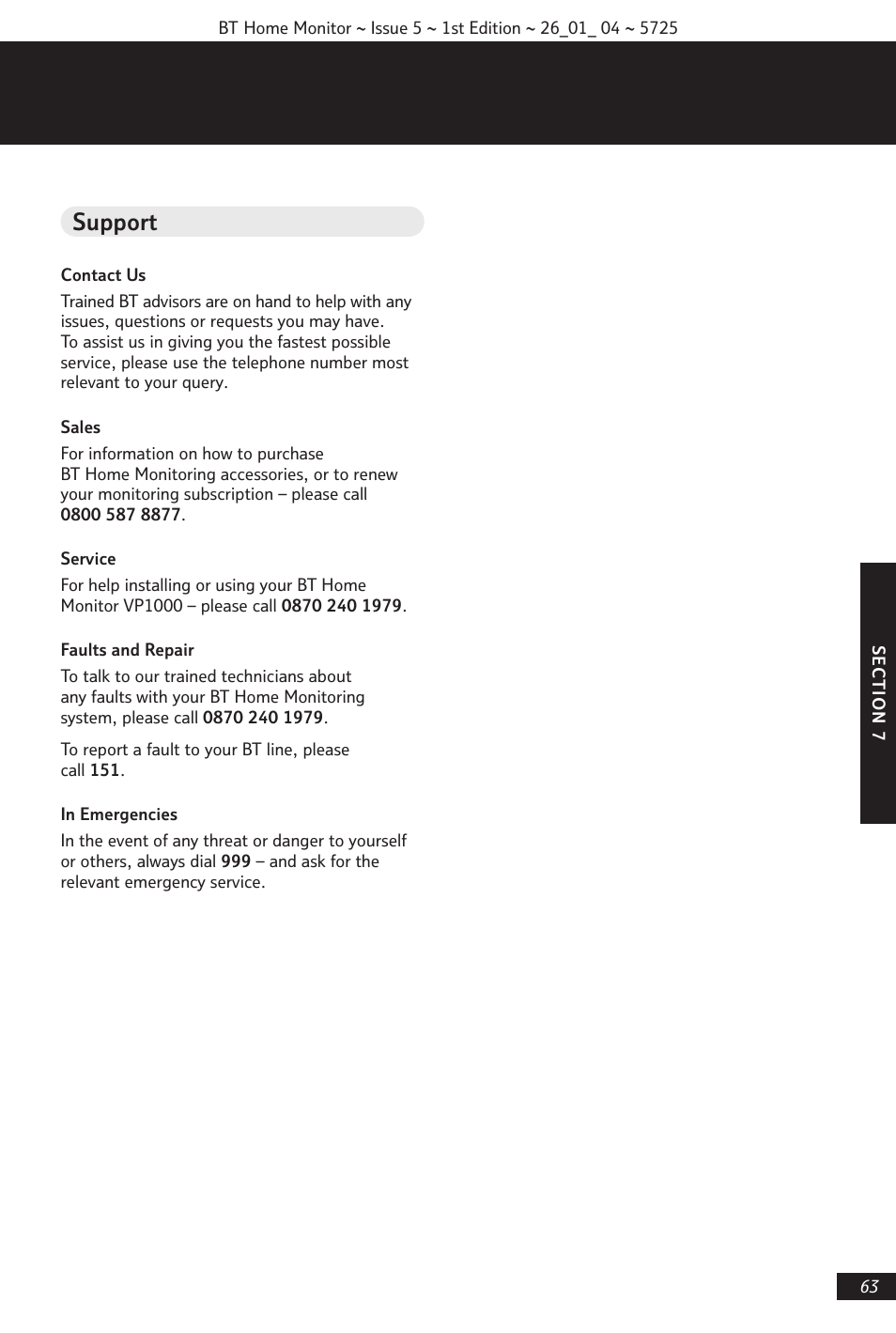 Support | BT VP1000 User Manual | Page 64 / 76