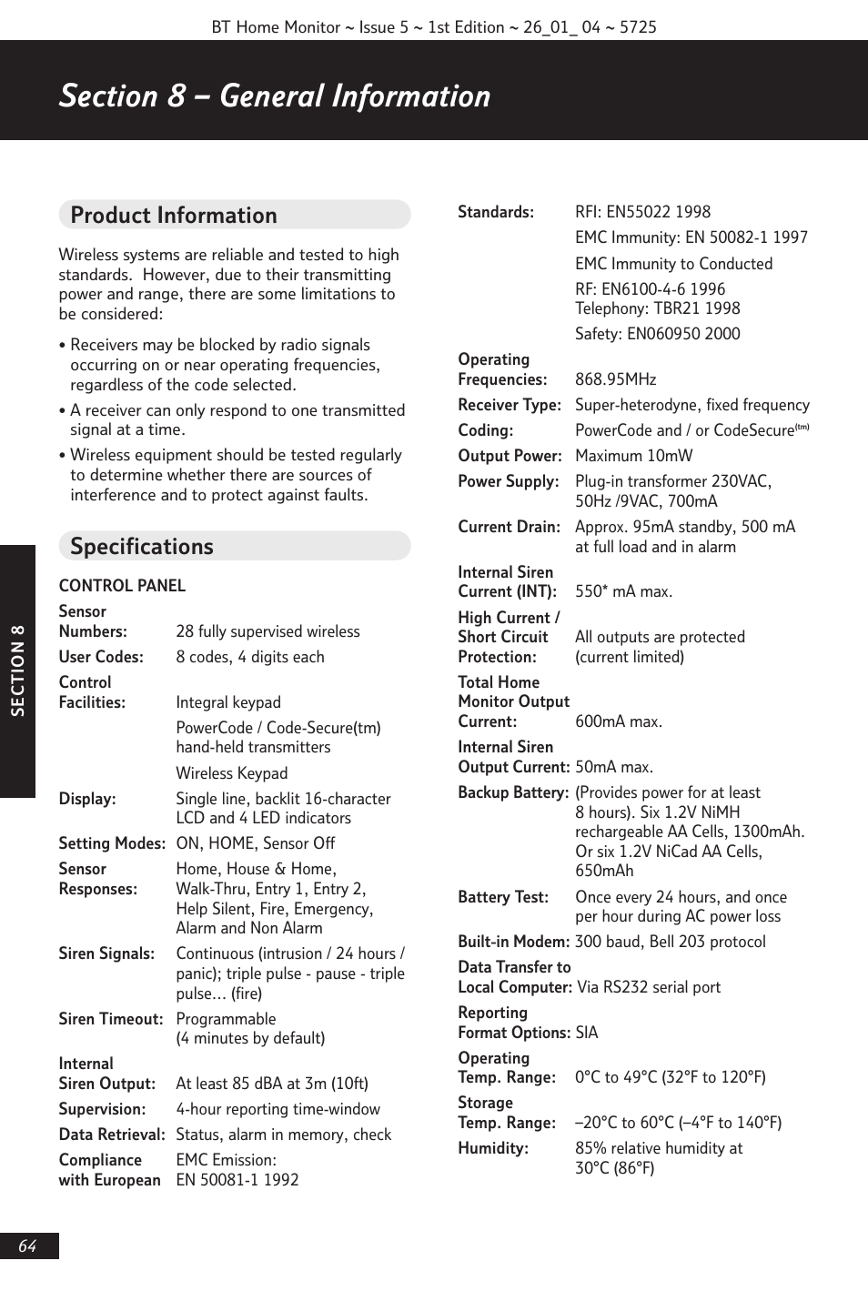 Product information, Specifications | BT VP1000 User Manual | Page 65 / 76