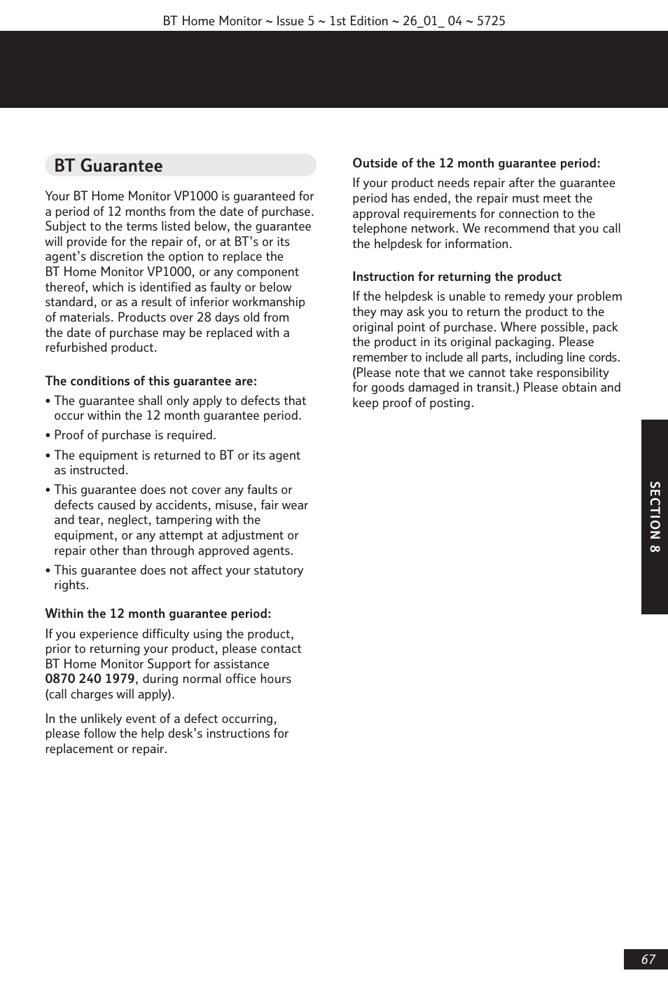 Bt guarantee | BT VP1000 User Manual | Page 68 / 76