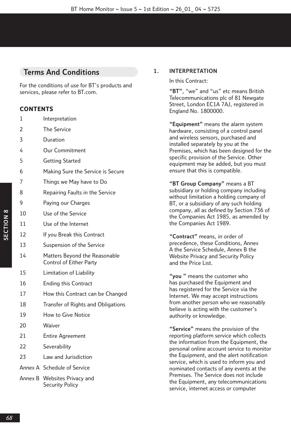 Terms and conditions | BT VP1000 User Manual | Page 69 / 76