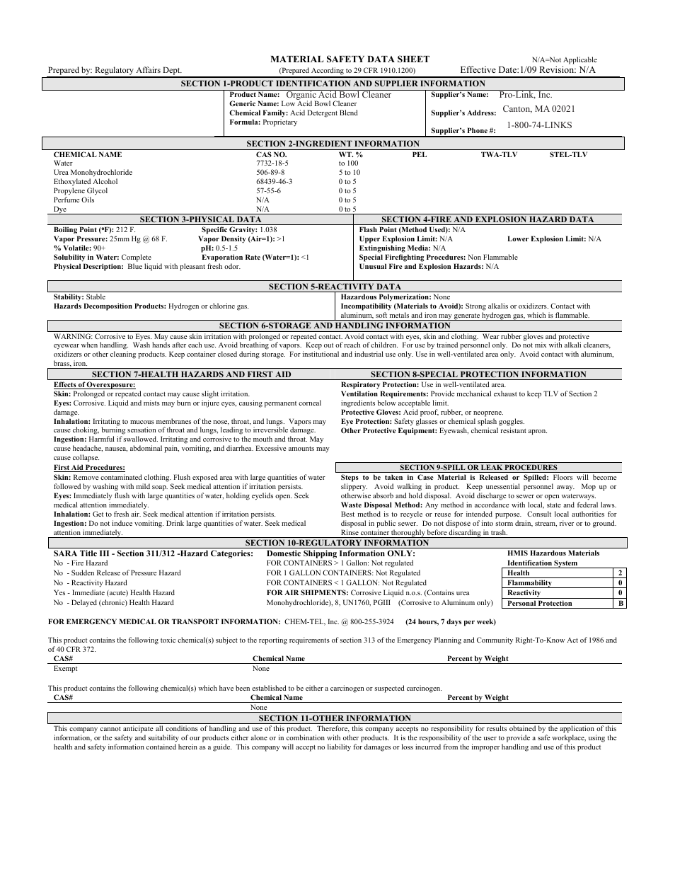 Pro-Link Organic Acid Bowl Cleaner B14157 User Manual | 1 page