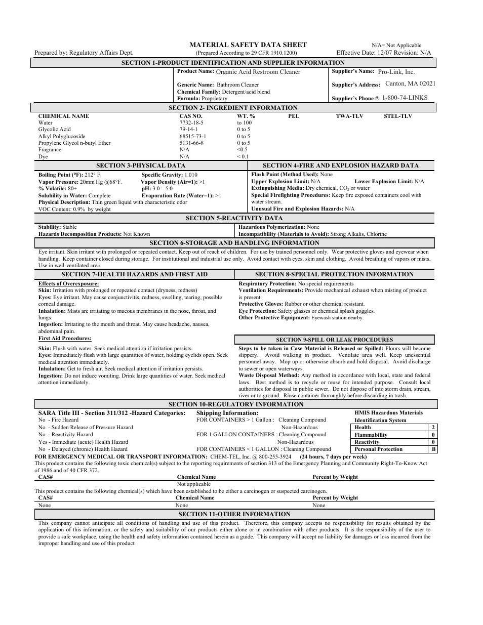 Pro-Link Organic Acid Restroom Cleaner B14593 User Manual | 1 page