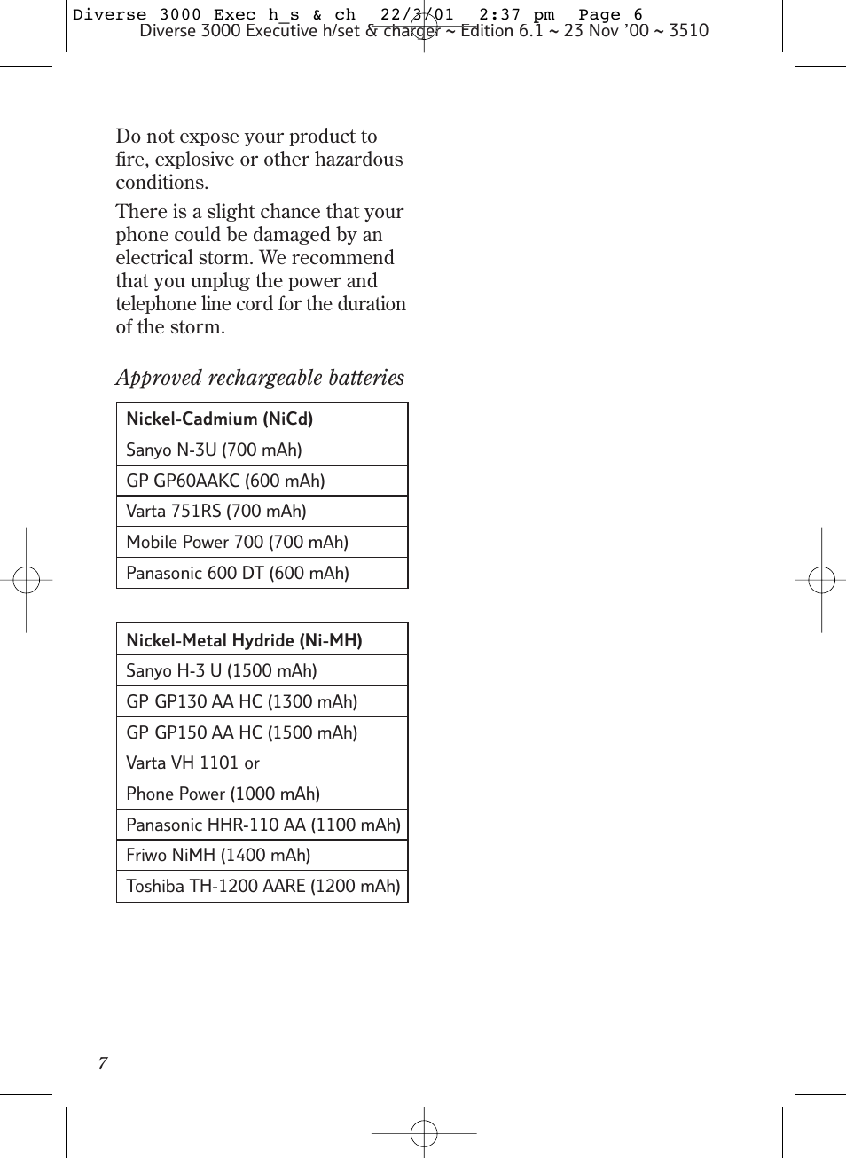 Approved rechargeable batteries | BT 3000 Executive User Manual | Page 10 / 60