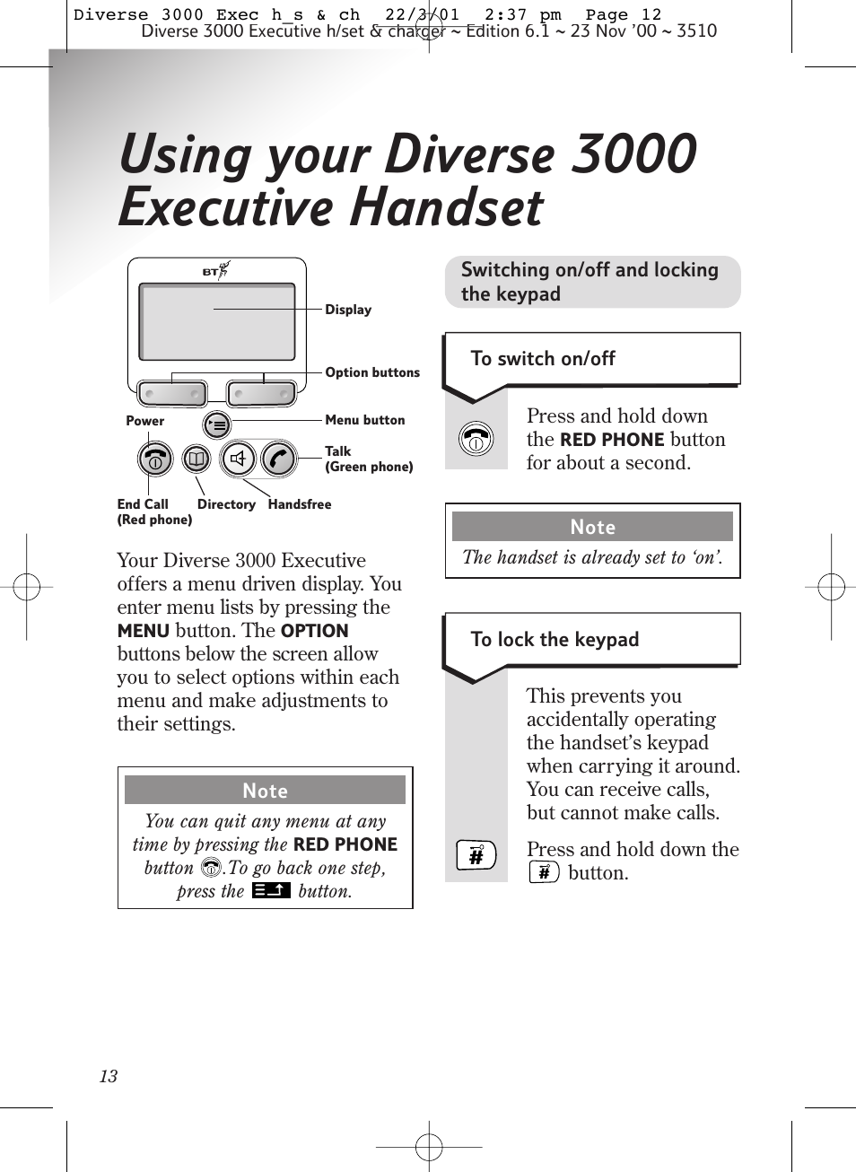 Using your diverse 3000 executive handset | BT 3000 Executive User Manual | Page 16 / 60