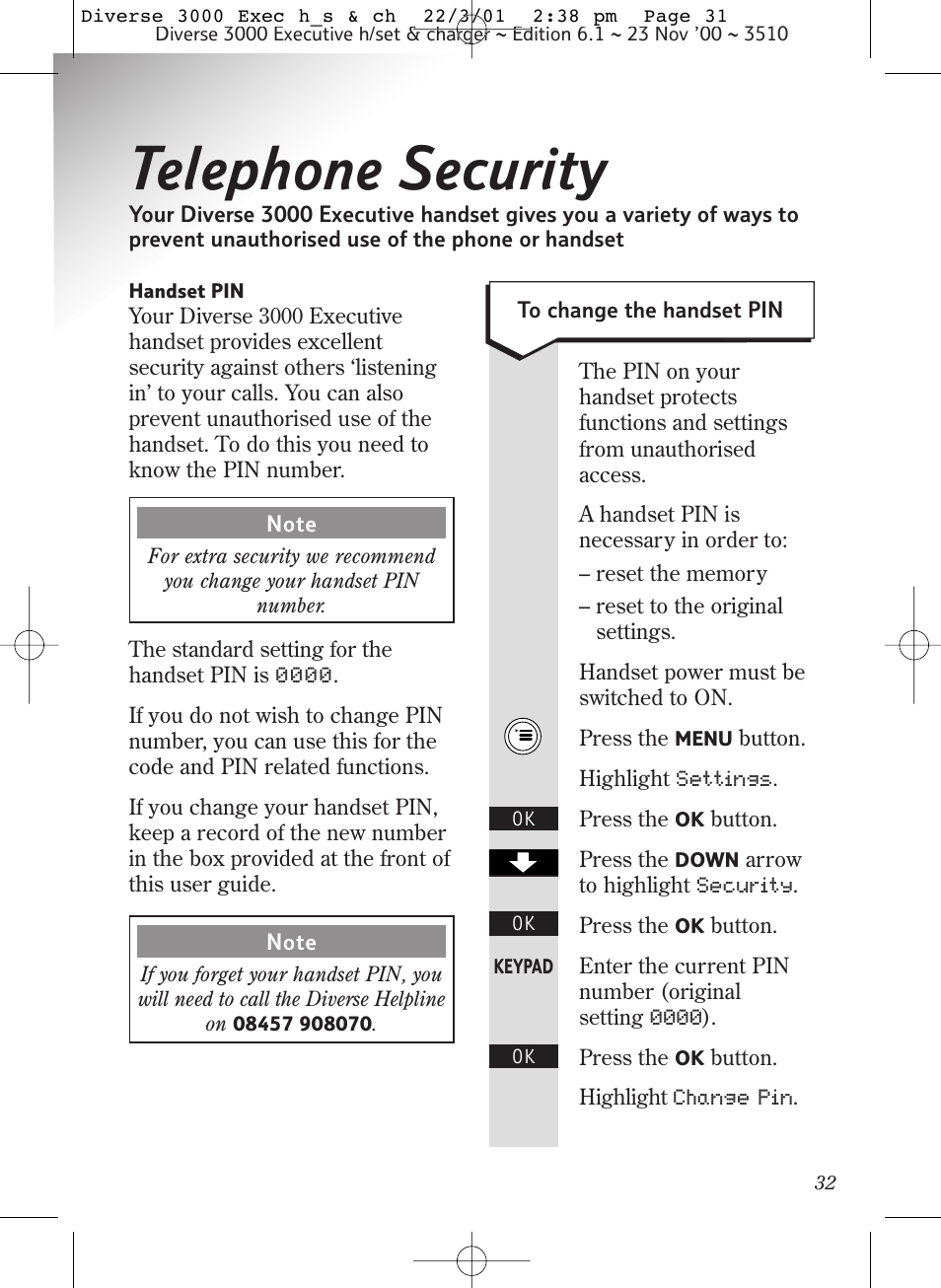 Telephone security | BT 3000 Executive User Manual | Page 35 / 60