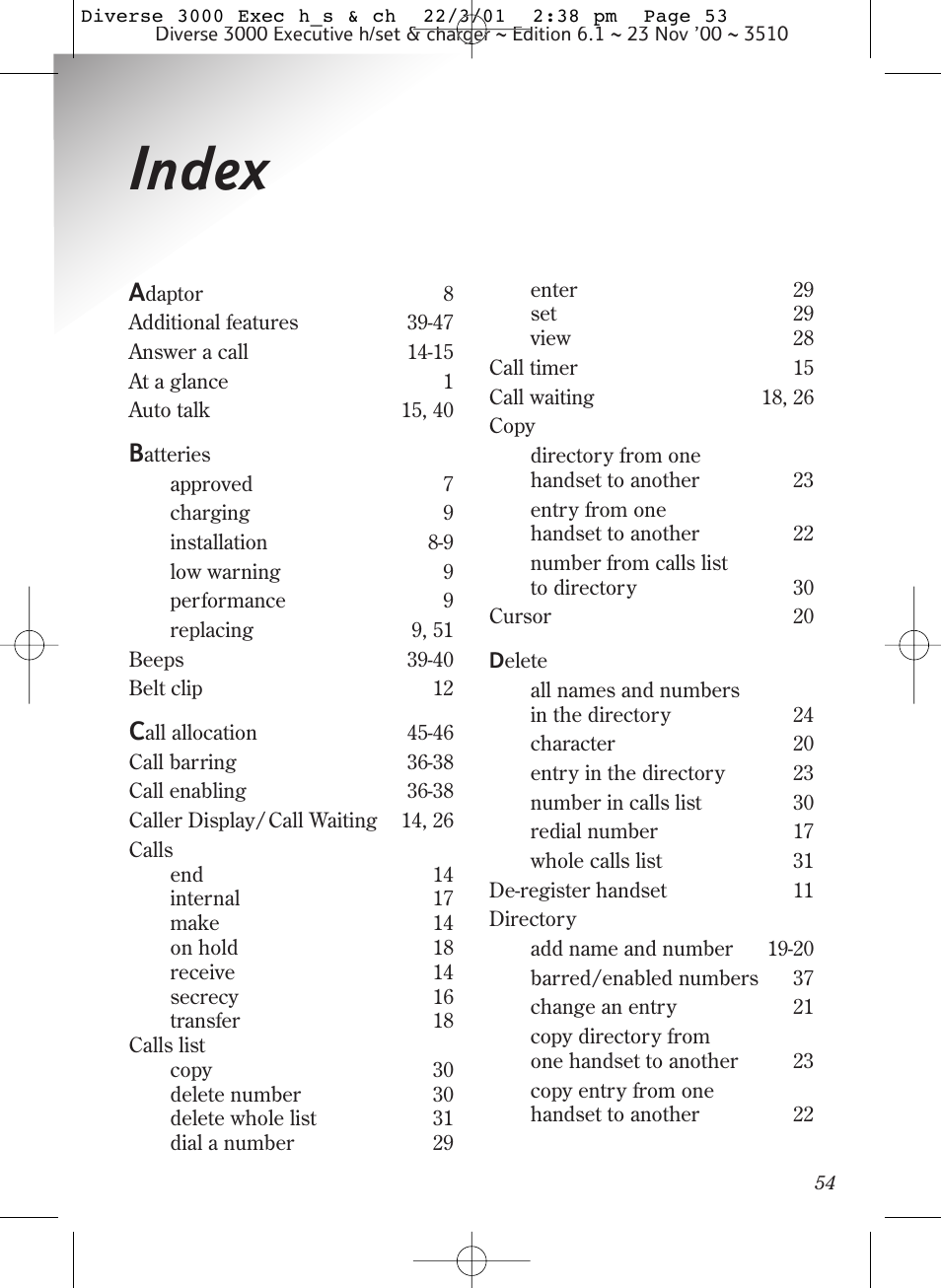 Index | BT 3000 Executive User Manual | Page 57 / 60