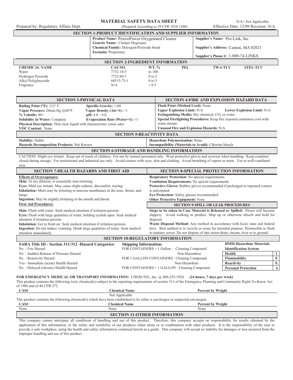 Pro-Link PeroxiPower B14160 User Manual | 1 page