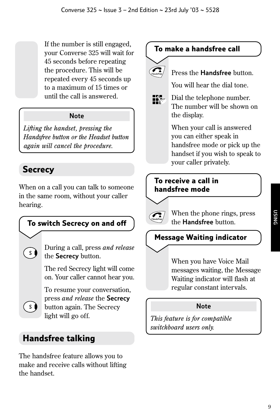 Secrecy, Handsfree talking | BT CONVERSE 325 User Manual | Page 10 / 23