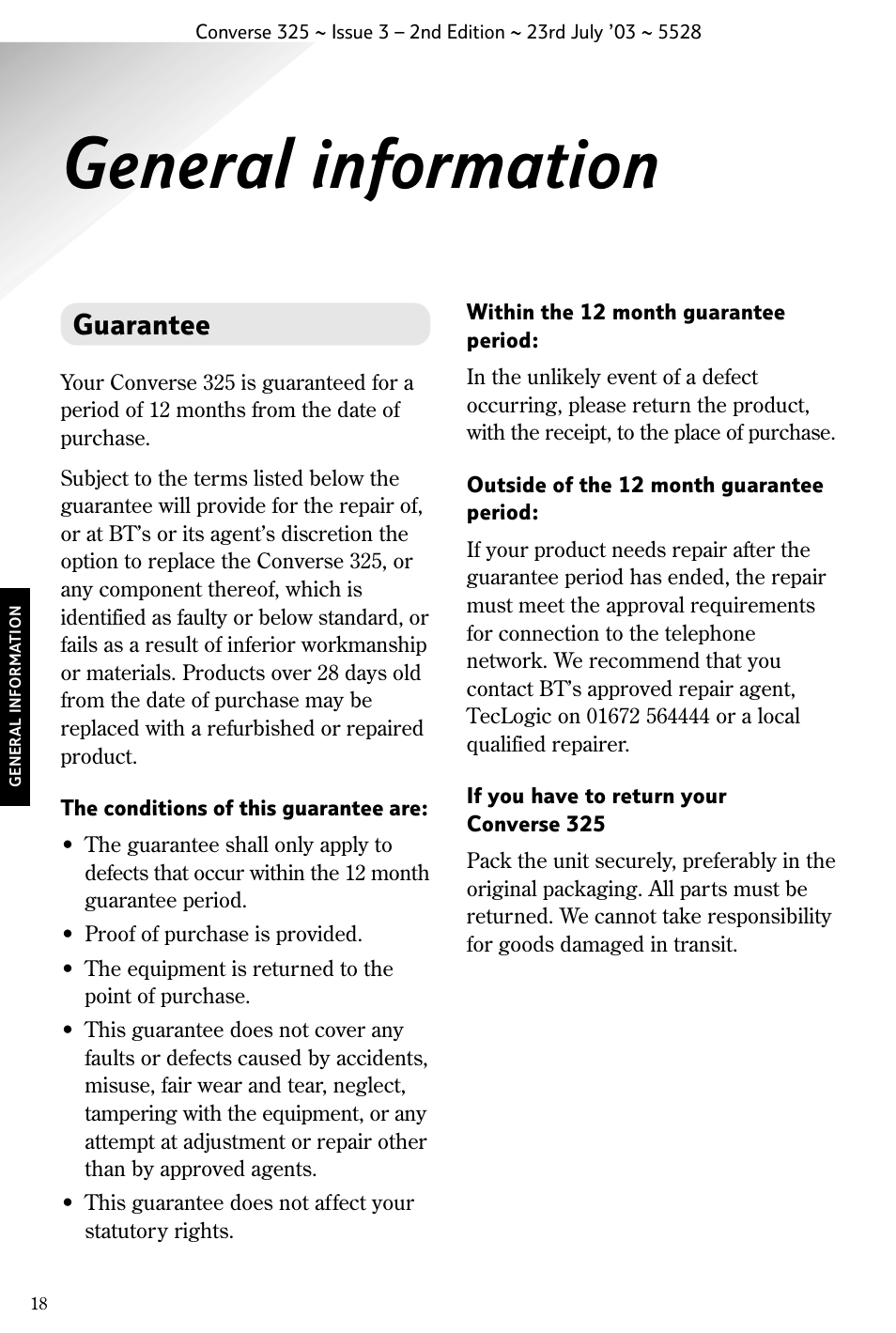 General information, Guarantee | BT CONVERSE 325 User Manual | Page 19 / 23